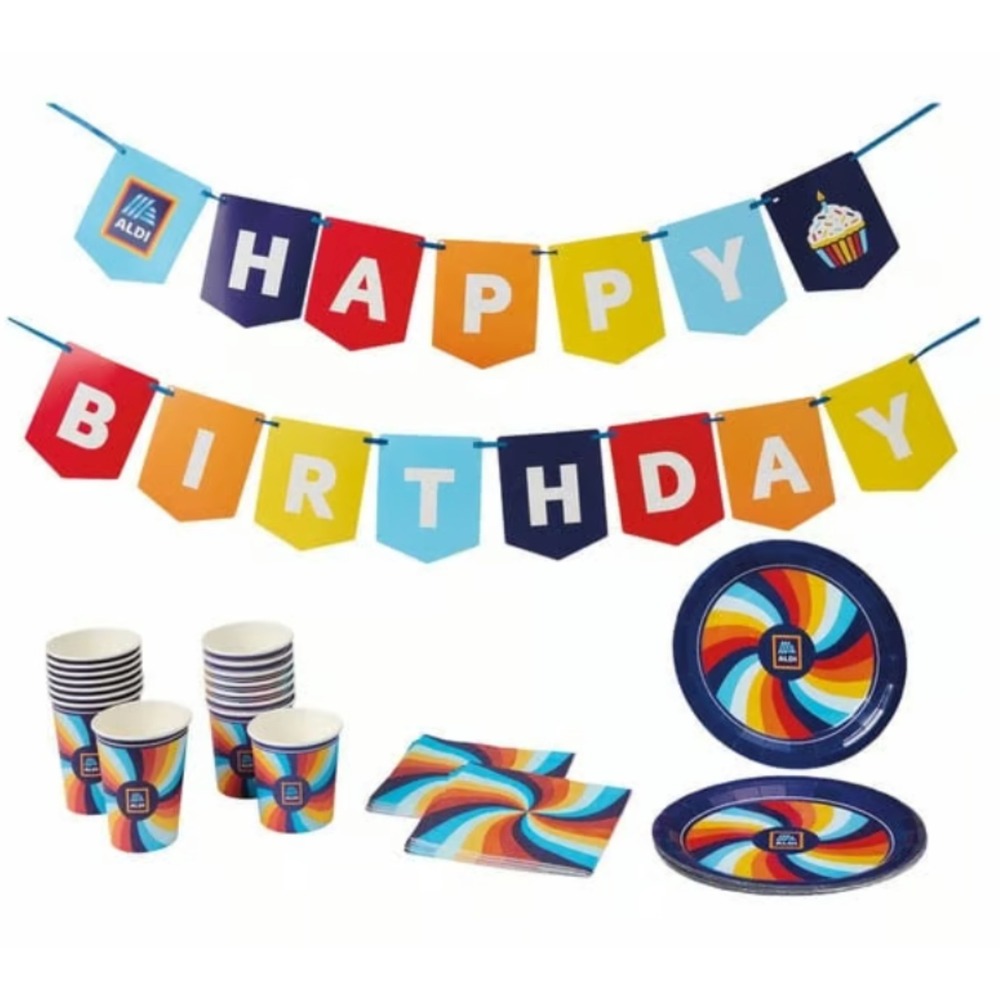 Aldi Birthday Party Pack Set Banner Plates Cups Napkins Swirl Design NEW
